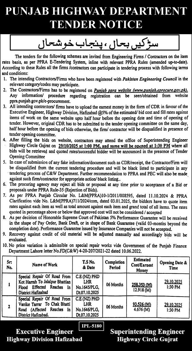 Punjab Highway Department Tender Notice